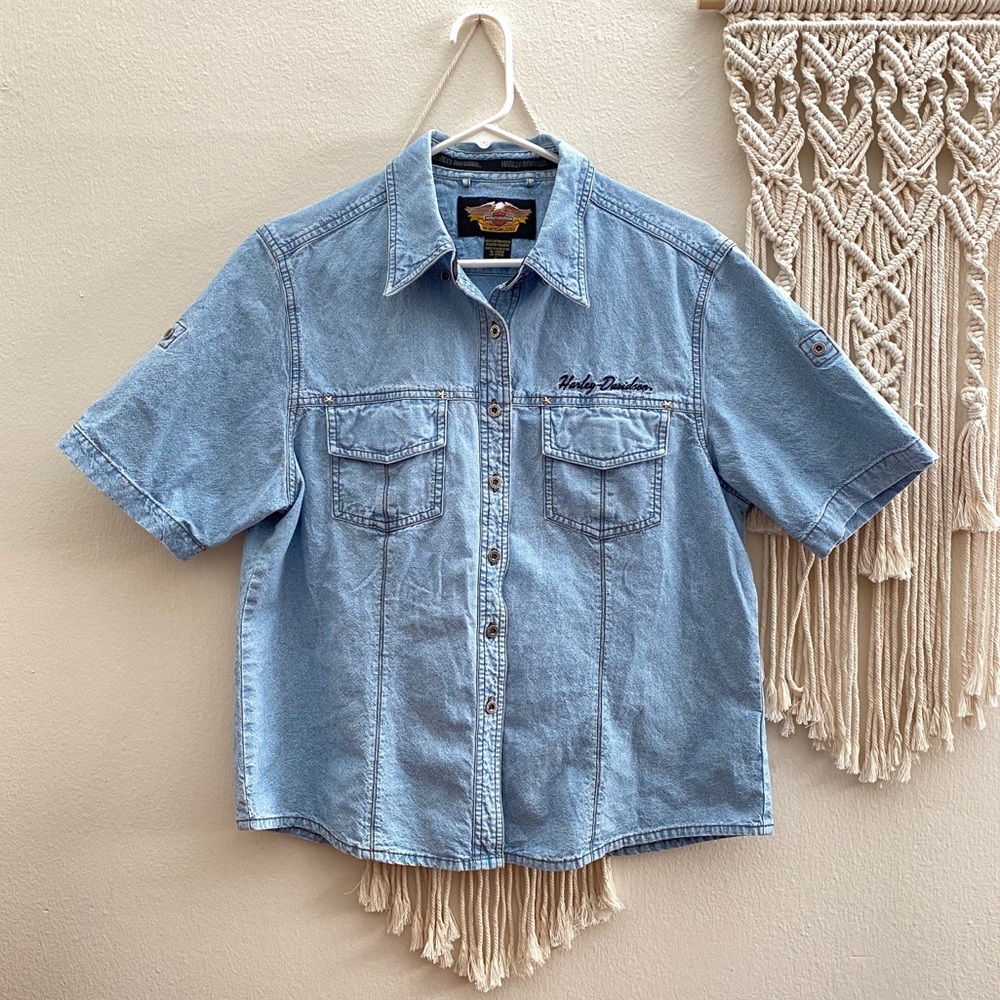 Vintage Harley Davidson Denim Button Up Top